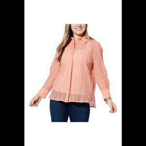 WynneCollection Woven Crochet Button-Down Shirt Coral - Regular